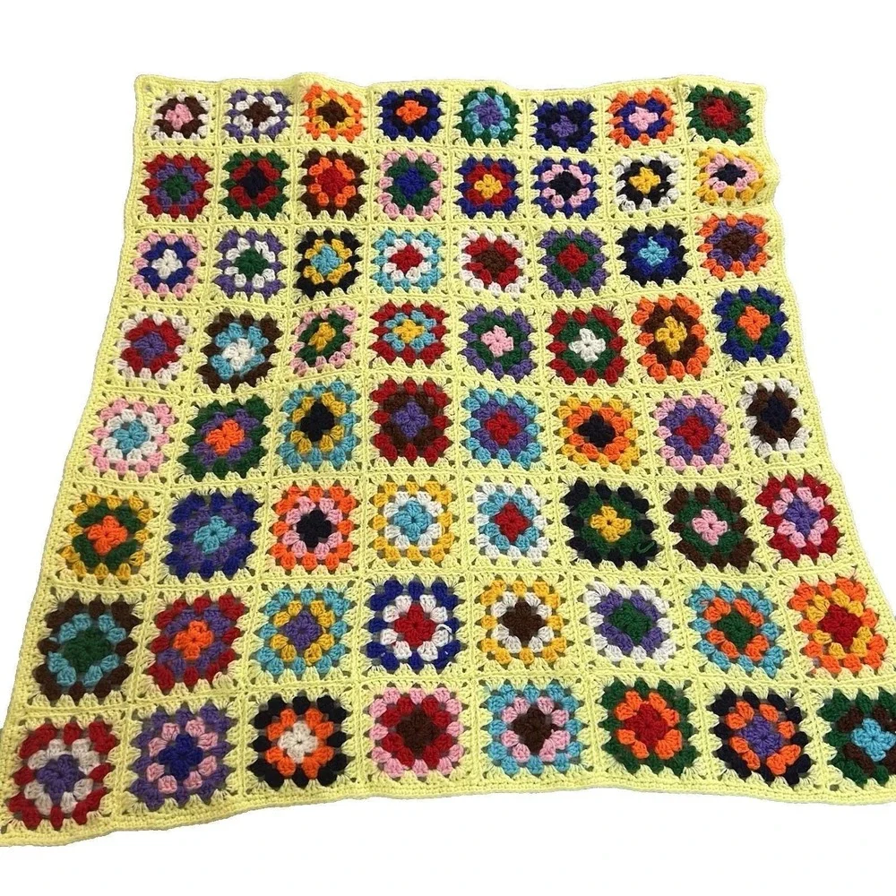 Vintage Handmade Crochet Granny‎ Square Blanket Yellow Boho Throw Afghan